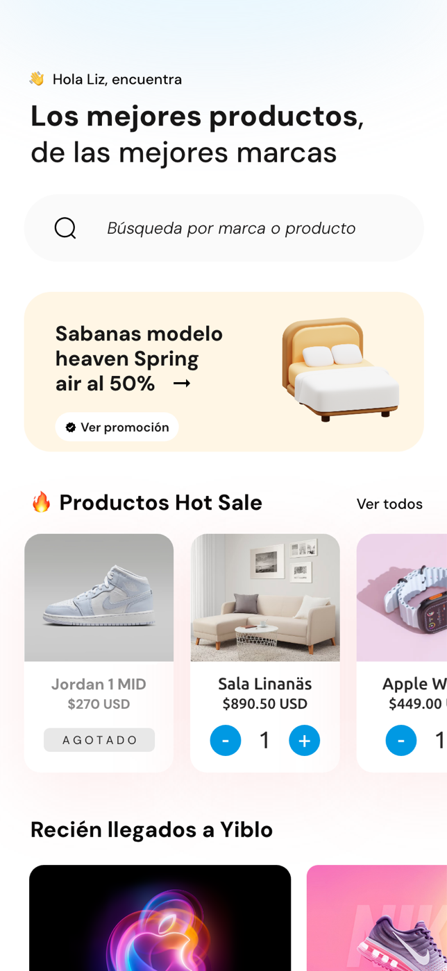 Pantalla de inicio de Yiblo con buscador, promociones y productos